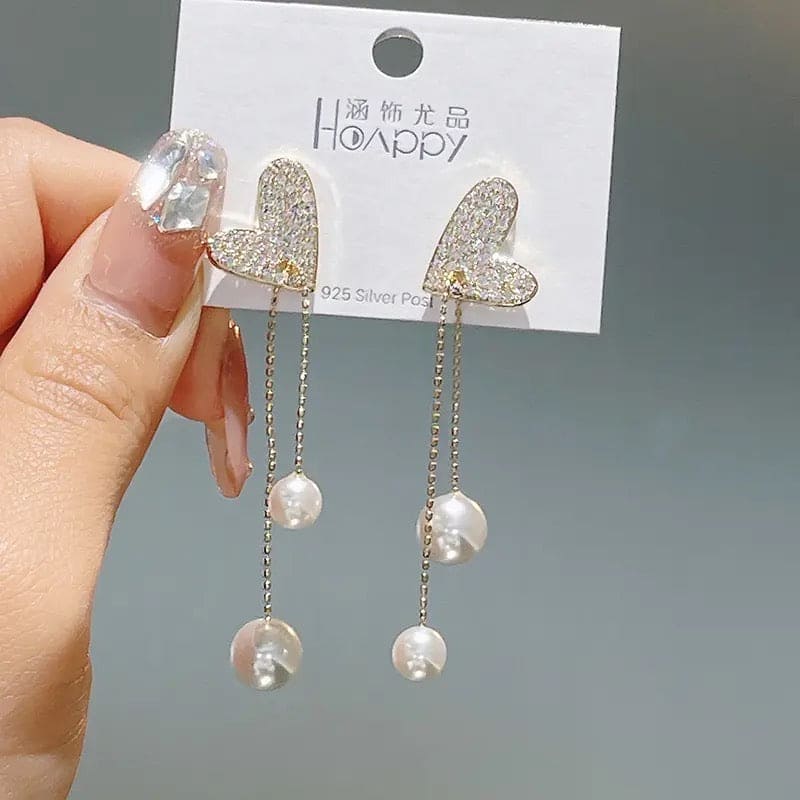 Flexible Heart Top Crystal Earrings, Hollow Heart Drop Earrings, Adjustable Pearl Tassel Ear Jewellery, Luxury Long Simulation Pearl Earrings For Women Flexible Heart Top Crystal Earrings, Hollow Heart Drop Earrings, Adjustable Pearl Tassel Ear Jewellery, Luxury Long Simulation Pearl Earrings For Women